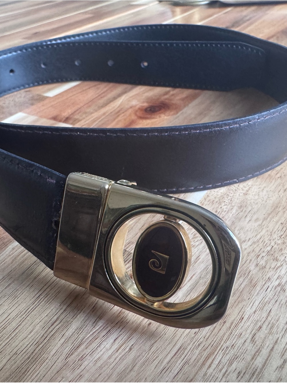 Vintage Pierre Cardin Belt 36/90 Black Brwn Leather Gold Tone Logo Buckle Italy